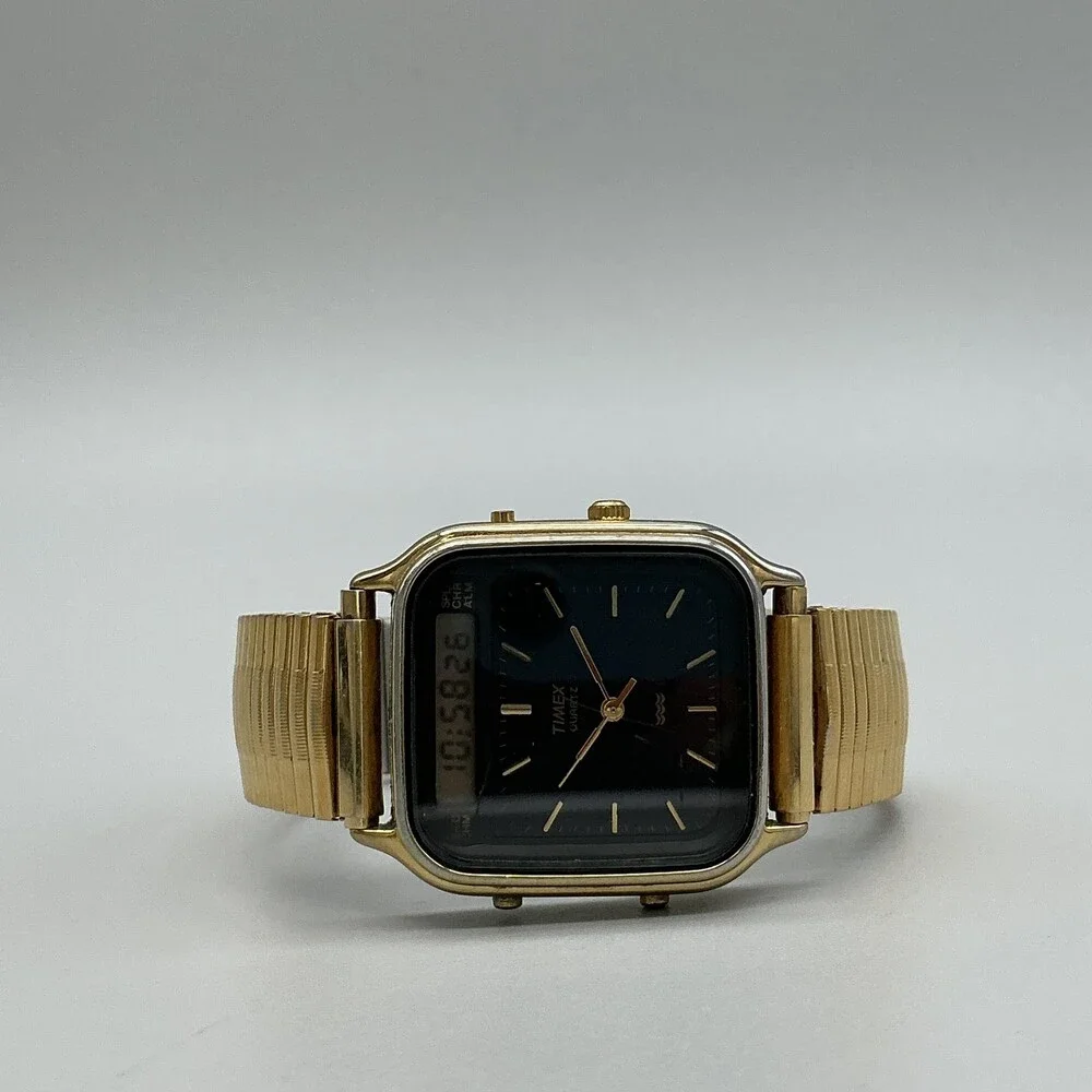 Vtg Timex Mens Watch 31mm Black Dial Gold Tone Ana Digi Alarm Chrono New Battery